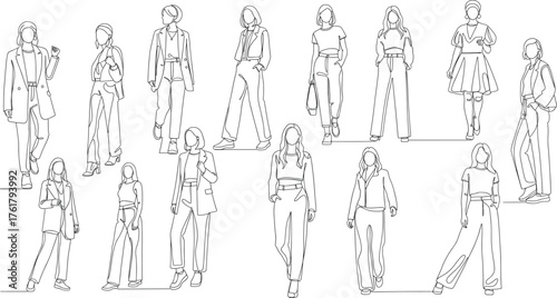 Minimalist fashion sketch series of fifteen stylish figures in diverse outfits, confident poses, modern clothing design illustration for portfolio