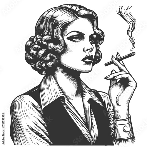 glamorous woman, holding a cigarette with smoke swirling upward. Sketch engraving generative ai fictional character vector illustration. Scratch board imitation. Black and white image.