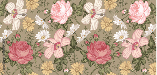 Seamless pattern. Beautiful pink blooming realistic isolated flowers. Vintage background. Set Chamomile Roses hibiscus mallow wildflowers. Wallpaper. Drawing engraving. Vector victorian Illustration