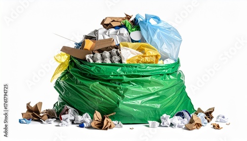 Overflowing green garbage bag with mixed waste on cluttered surface