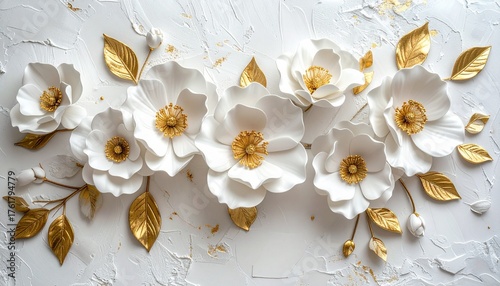3D white flowers with golden centers and leaves on textured white panel background