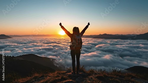 Woman hiker with a backpack raises arms at sunset, celebrating success above a sea of clouds. Concept of freedom and adventure.