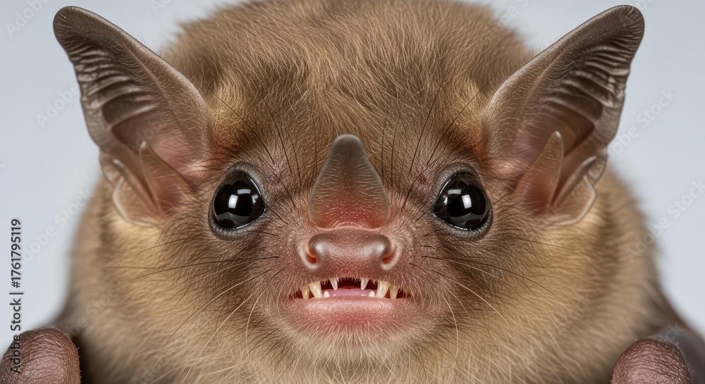 Fototapeta premium Close-up portrait of a furry bat with distinctive ears and sharp teeth