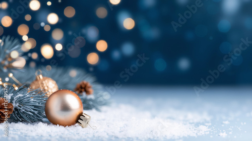 Christmas ornament on snow with twinkling lights in dark blue background