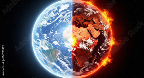Global Warming Concept Earth Split Scorching Lava Freezing Ice Climate Change Catastrophe Environmental Crisis Planet in Danger Global Ecological Threat
