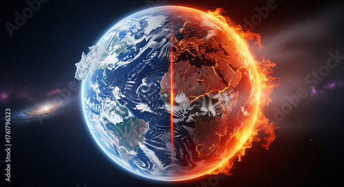 Global Warming Concept Earth Split Scorching Lava Freezing Ice Climate Change Catastrophe Environmental Crisis Planet in Danger Global Ecological Threat