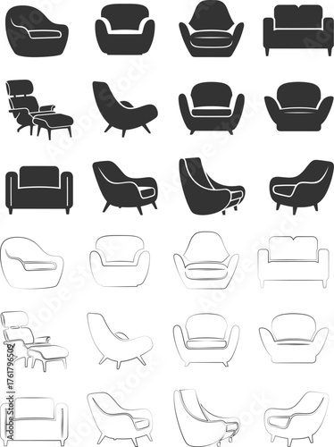 Vector art of furniture silhouettes a collection of diverse chair and sofa designs, showcasing modern and classic styles for interior decor silhouette