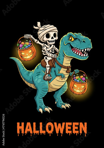 Cute Skeleton Rider on Tyrannosaurus Rex Dinosaur Trick or Treat Pumpkins Candy Illustration Dark Background Autumn Celebration Costume Fun