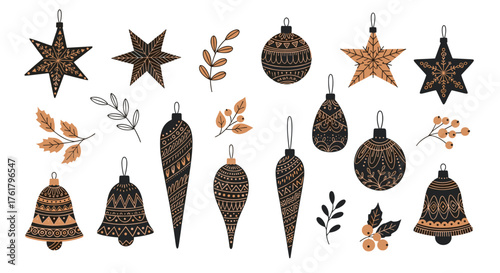 A collection of ornate and festive vintage inspired holiday decorations in dark tones including stars icicles bells and berries.
