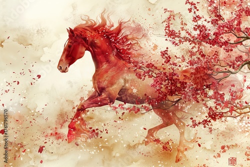 Majestic Fantasy Dreamhorse Galloping Through Blooming Sakura Cherry Blossoms in Watercolor Art