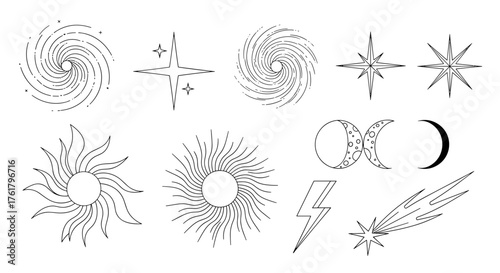 Collection of cosmic and celestial abstract vector illustrations featuring celestial bodies and abstract patterns.