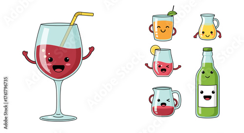 Cute cartoon drinks with faces smiling and happy.