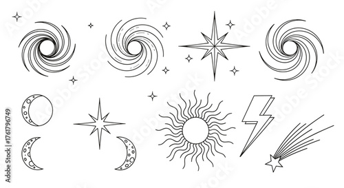 Collection of stylized cosmic celestial abstract elements representing galaxies stars and celestial phenomena.