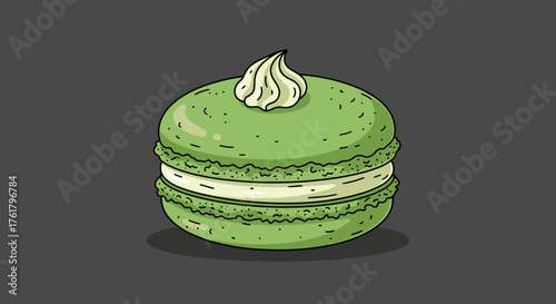 A delightful green pistachio macaron cookie with creamy white filling and a swirl of frosting on top.