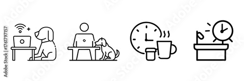 Remote work, flexible schedule, and home office icons – work from home, telecommuting, pet-friendly workspace, and time management outline vector symbols