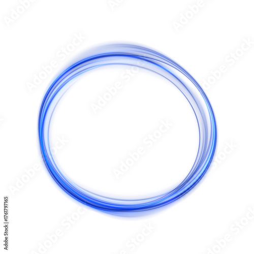 Bright glowing blue neon ring with sparkling swirl trail and luminous dots. Futuristic round frame for sci-fi, laser, and energy concept vector illustrations.