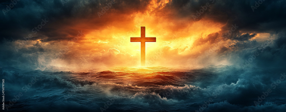 Fototapeta premium the cross of jesus christ shining through the stormy clouds, symbolizing hope and grace in contrast to the dark waves below