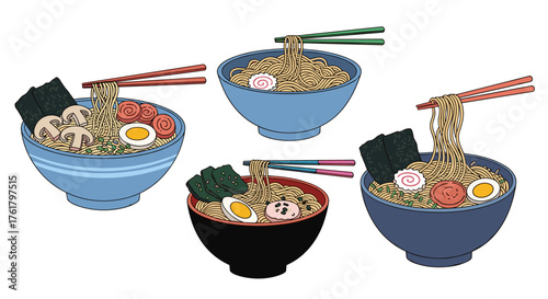 Delicious bowls of ramen noodles with various toppings and chopsticks ready for serving.