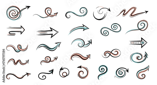 A diverse collection of hand-drawn abstract arrow designs and swirling graphic elements for creative design projects.