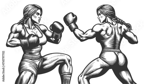 women in boxing stances, sketch engraving generative ai fictional character vector illustration. Scratch board imitation. Black and white image.