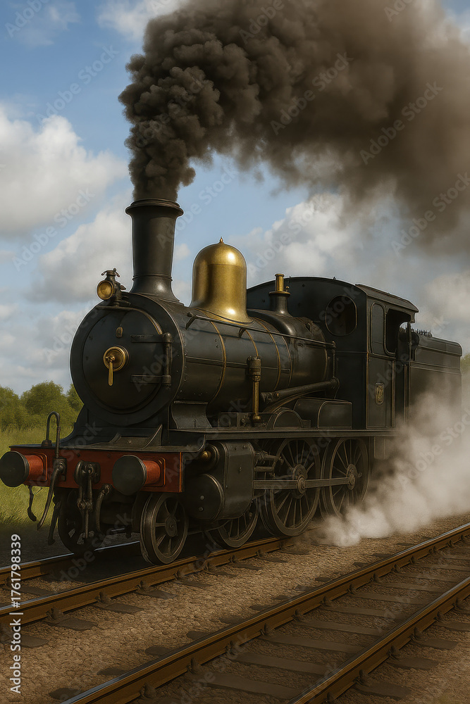 Fototapeta premium Vintage steam locomotive train emitting smoke on railway tracks under cloudy sky representing historical transportation industrial heritage and classic travel nostalgia