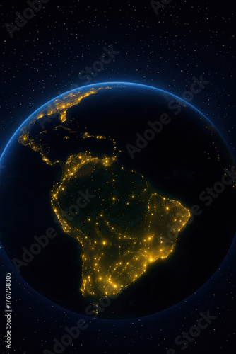 Earth viewed from space at night showing illuminated city lights across south and north america with glowing atmosphere and dark starry background representing global connectivity