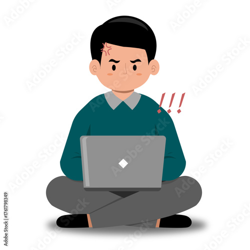 Angry man at desk, frustrated with laptop. Suitable for illustrating stress, technology problems, work dissatisfaction in design projects, presentations.