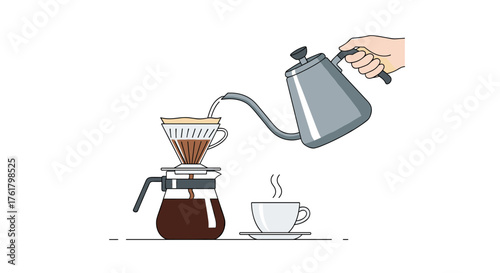 Hand pouring hot water from a gooseneck kettle over coffee grounds in a pour over dripper into a carafe with a cup of brewed coffee ready.