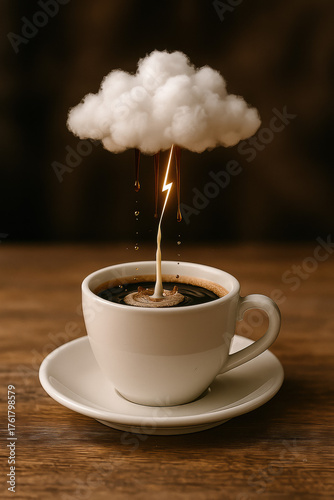 cup of coffee with lightning and rain above espresso cup on wooden table representing energy caffeine and surreal morning concept