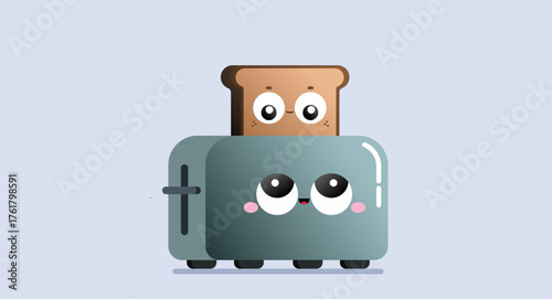 Adorable flat vector illustration of a smiling toaster with happy toast popping out. Kawaii style cartoon kitchen appliance perfect for children’s designs, stickers, or food-related graphics.