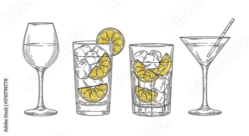 An assortment of clear beverage glasses filled with ice and garnish for refreshing drinks.