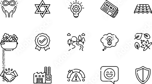 A versatile set of black and white line icons depicting concepts from nature, industry, and daily life.