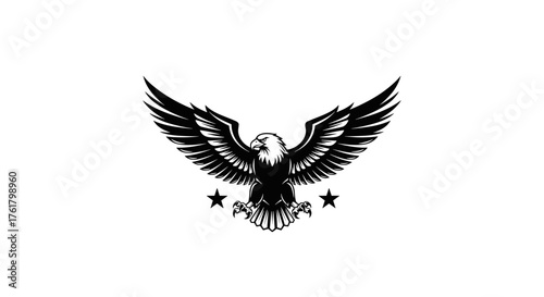 An eagle with outstretched wings and two stars below it. This graphic embodies strength freedom and patriotism.