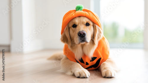 Golden retriever wearing an orange pumpkin costume, lying on a light wooden floor indoors