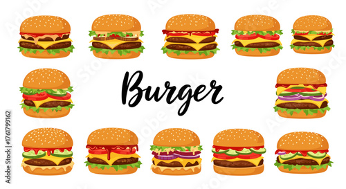 A delicious collection of juicy burgers with fresh toppings and melted cheese.