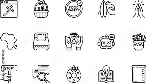 A versatile set of fifteen black and white line art icons on a white background, representing diverse concepts.
