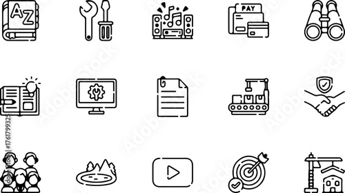 A diverse set of black and white line icons representing various business and technology concepts.