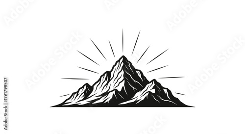 Majestic mountain peak with sunburst rays and dramatic rock formations reaching towards the sky.