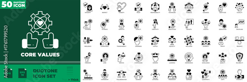 Core Values Duotone Editable Icons set. Vector illustration in modern thin duotone style of core values icons: value, achievement, ambition, etc