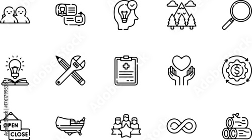 A versatile collection of fifteen black and white line icons representing business, social, and environmental concepts.