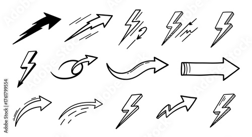 Collection of hand drawn arrows and lightning bolts symbols for graphic design.