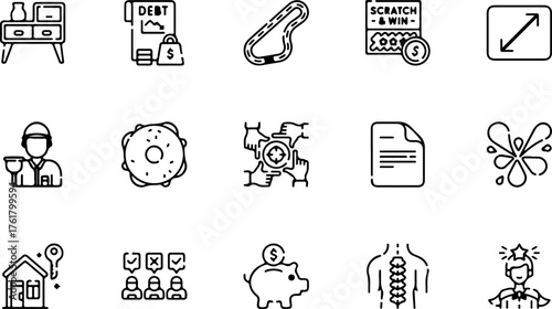 A versatile set of fifteen black and white line icons covering diverse themes like finance, leisure, and technology.