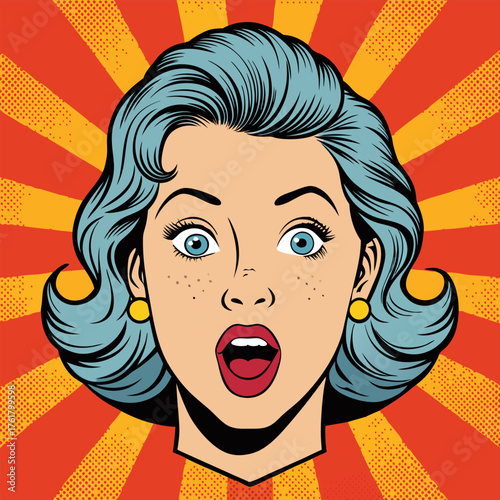 Face of an admiring or surprised woman. Retro pop art comic style. Vector illustration.