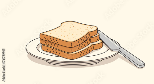 A stack of three slices of toasted bread on a white plate with a knife.