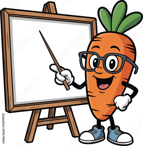 Cute Carrot Teacher Presenter Vector Healthy Food Mascot Explaining on Whiteboard