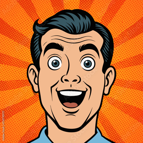 Face of an admiring or surprised young man. Retro pop art comic style. Vector illustration.
