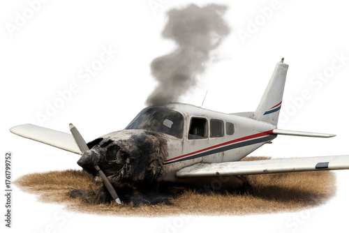 Small airplane experiencing crash landing with engine fire