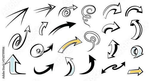 A diverse collection of hand drawn arrow illustrations showcasing various styles and directions.