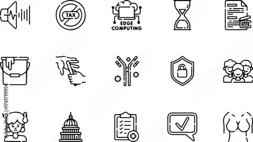 A diverse collection of fifteen black and white line art icons representing technology, health, society, and general concepts.