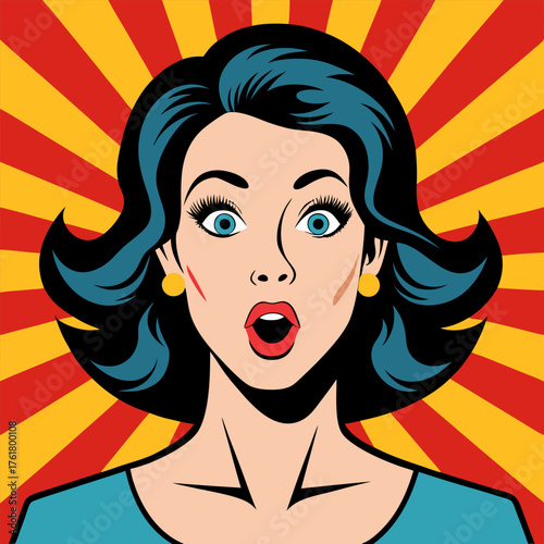 Face of an admiring or surprised woman. Retro pop art comic style. Vector illustration.